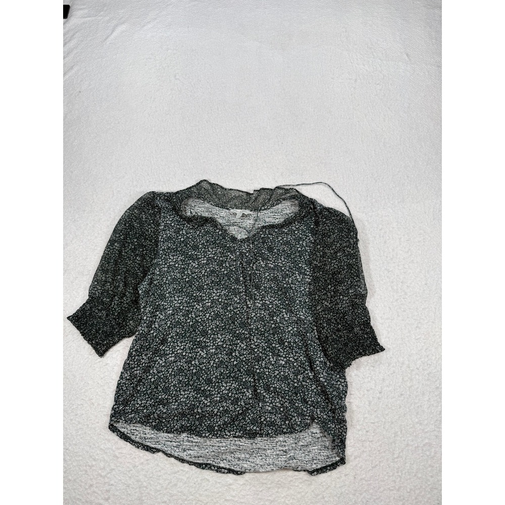 Lucky Brand Womens Floral Split Neck Blouse Smocked Cuff Top Black Large